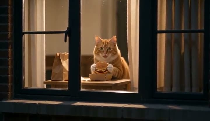 Gato naranja en una ventana con una hamburguesa