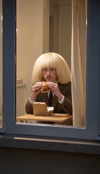 Persona en una ventana con una hamburguesa